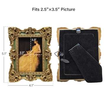 CISOO 2.5x3.5 Vintage Small Picture Frame, Antique Ornate Green and Gold Wallet Size Photo Frame, for Table Top and Wall Display, Decorative Floral Design Retro Home Decor, Photo Gallery Art
