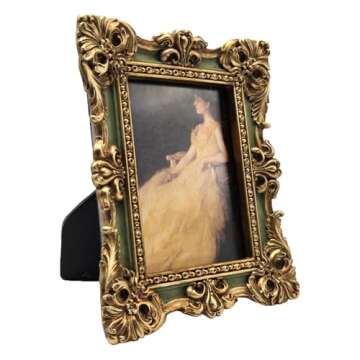 CISOO 2.5x3.5 Vintage Small Picture Frame, Antique Ornate Green and Gold Wallet Size Photo Frame, for Table Top and Wall Display, Decorative Floral Design Retro Home Decor, Photo Gallery Art