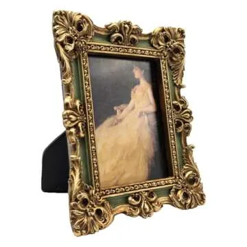 CISOO 2.5x3.5 Vintage Small Picture Frame, Antique Ornate Green and Gold Wallet Size Photo Frame, for Table Top and Wall Display, Decorative Floral Design Retro Home Decor, Photo Gallery Art