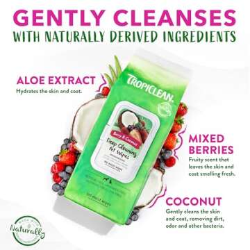 TropiClean Dog Wipes for Paws, Butt, Face, and Body, Anytime Cleaning and Deodorizing Pet Wipes, Safe for Licking, Berry Scent, Cat Safe, 100ct