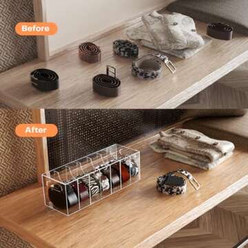 YUNEASELF Belt Organizer - Acrylic Belt Holder for Closet with Dust Cover Lid - Clear Belt Storage Display Case for Drawer - 7 Compartments