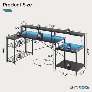 Bestier Gaming Desk with Power Outlets, 71.5 LED Computer Desk with Long Monitor Stand, Large L Shap...
