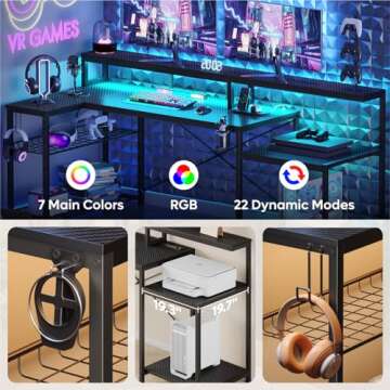 Bestier Gaming Desk with Power Outlets, 71.5 LED Computer Desk with Long Monitor Stand, Large L Shaped Corner Desk with Storage Shelf, Cup Holder Headset Hooks, Cool Desk for Gaming Room, Black