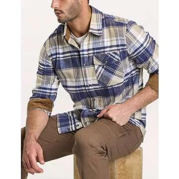 CQR Men's All Cotton Flannel Shirt, Long Sleeve Casual Button Down Plaid Shirt, Brushed Soft Outdoor Tactical Work Shirts, Plaid Sedimentary Blue, XX-Large