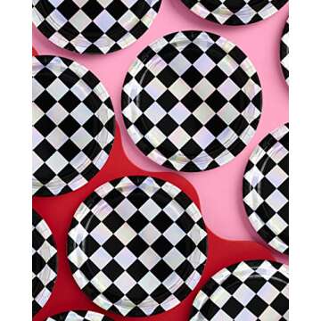 xo, Fetti Black and Iridescent Checker Paper Plates - 25 pack | Happy Birthday Party Decorations, Cute Bachelorette Party, Cool Cake Plates, Checker Disposable Party Plates