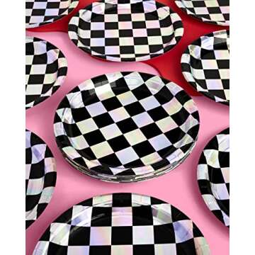 xo, Fetti Black and Iridescent Checker Paper Plates - 25 pack | Happy Birthday Party Decorations, Cute Bachelorette Party, Cool Cake Plates, Checker Disposable Party Plates
