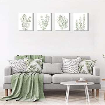 FRAMED Botanical Plant Canvas Wall Art,Boho Plant Wall Decor for Bedroom,Minimalist Floral Prints for Living Room,Light Green Botanical Art Painting for Office,Set of 4,8”x 10”