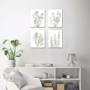 FRAMED Botanical Plant Canvas Wall Art,Boho Plant Wall Decor for Bedroom,Minimalist Floral Prints for Living Room,Light Green Botanical Art Painting for Office,Set of 4,8”x 10”