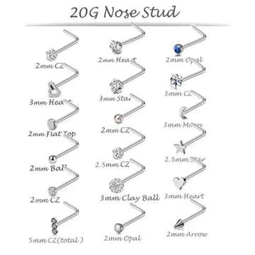 Tornito 20G 38Pcs Stainless Steel L Bone Screw Shaped Nose Studs Nose Rings CZ Hoop Tragus Cartilage Nose Ring Labret Nose Piercing Jewelry for Men Women Silver Tone (E:38Pcs, Silver&L)