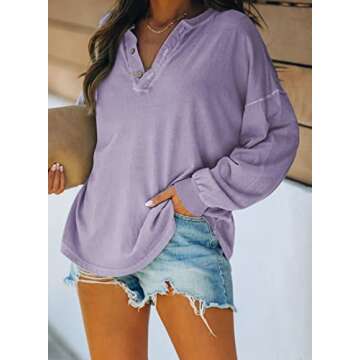 Dokotoo Womens Fall Tops V Neck Button Down Casual Long Sleeve Pullover Sweatshirts for Women Loose Purple X Small