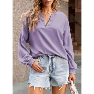 Dokotoo Womens Fall Tops V Neck Button Down Casual Long Sleeve Pullover Sweatshirts for Women Loose Purple X Small
