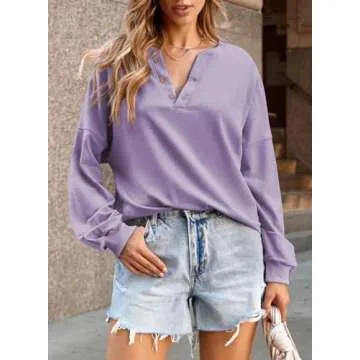 Dokotoo Womens Fall Tops V Neck Button Down Casual Long Sleeve Pullover Sweatshirts for Women Loose Purple X Small