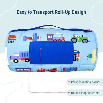 Wildkin Original Nap Mat with Reusable Pillow for Boys & Girls, Perfect for Elementary Daycare Sleepovers, Features Hook & Loop Fastener, Cotton Blend Materials Nap Mat (Trains, Planes, and Trucks)