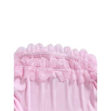 Floerns Women's 2 Pcs Lace Trim Bowknot Front Ruched Bandeau Crop Tube Tops Pink and White S