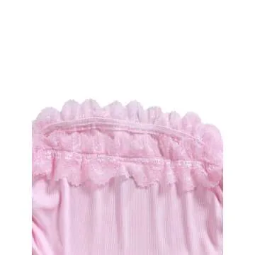 Floerns Women's 2 Pcs Lace Trim Bowknot Front Ruched Bandeau Crop Tube Tops Pink and White S