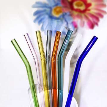 Brilife Reusable Glass Straws Set, Multiple Colored Borosilicate Glass Healthy Eco Friendly Drinking Straws, 8.5"x8mm, Pack of 8 with 2 Cleaning Brushes (Multiple Color)