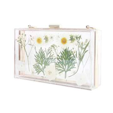 Transparent Women Clutch Bag Chain Flower Handbag Clear Purse Crossbody Bag Wedding Party bag (5250-WHITE&GREEN)