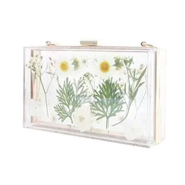Transparent Women Clutch Bag Chain Flower Handbag Clear Purse Crossbody Bag Wedding Party bag (5250-WHITE&GREEN)