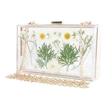 Transparent Women Clutch Bag Chain Flower Handbag Clear Purse Crossbody Bag Wedding Party bag (5250-WHITE&GREEN)