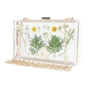 Transparent Women Clutch Bag Chain Flower Handbag Clear Purse Crossbody Bag Wedding Party bag (5250-WHITE&GREEN)