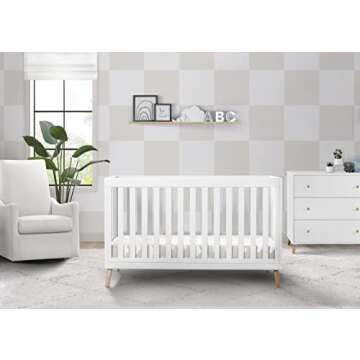Delta Children Essex 4-in-1 Convertible Baby Crib, Bianca White with Natural Legs + Delta Children T...