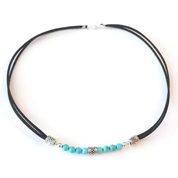 Turquoise Silver Tribal Snake Bead Black Micro Suede Leather Double Strand Necklace 20 Inch Surfer Boho Style Poolside Jewelry