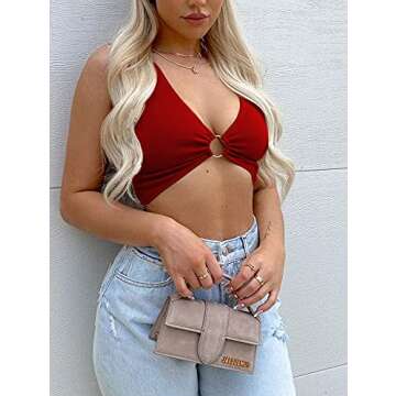 AEVZIV Sexy Crop Tops for Women Sleeveless Deep V Neck Workout Tops Plunge Ring Cleavage Cropped Tank Top Red XS
