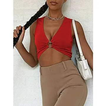 AEVZIV Sexy Crop Tops for Women Sleeveless Deep V Neck Workout Tops Plunge Ring Cleavage Cropped Tank Top Red XS
