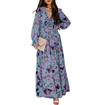 BLENCOT Women's Casual Boho Floral Printed Deep V Neck Loose Long Sleeve Long Evening Dress Ruched C...