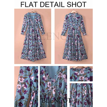 BLENCOT Women's Casual Boho Floral Printed Deep V Neck Loose Long Sleeve Long Evening Dress Ruched Cocktail Party Maxi Wedding Dress Blue Large