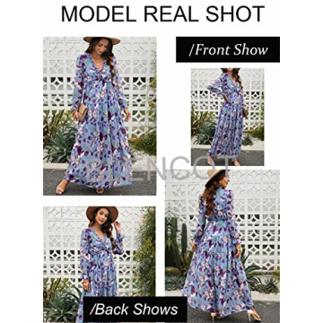 BLENCOT Women's Casual Boho Floral Printed Deep V Neck Loose Long Sleeve Long Evening Dress Ruched Cocktail Party Maxi Wedding Dress Blue Large