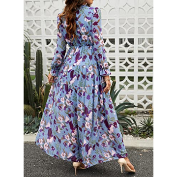 BLENCOT Women's Casual Boho Floral Printed Deep V Neck Loose Long Sleeve Long Evening Dress Ruched Cocktail Party Maxi Wedding Dress Blue Large