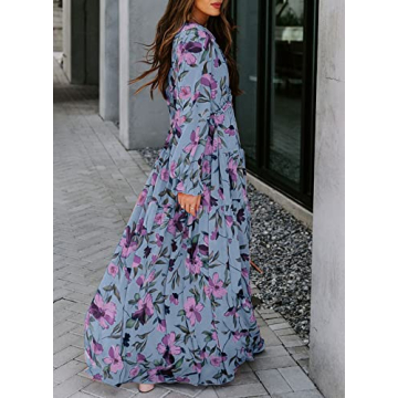 BLENCOT Women's Casual Boho Floral Printed Deep V Neck Loose Long Sleeve Long Evening Dress Ruched Cocktail Party Maxi Wedding Dress Blue Large