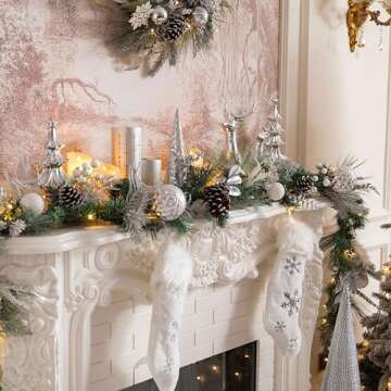 Valery Madelyn 9 feet Pre-Lit Christmas Garland with Lights for Mantle, Lighted Battery Operated Xmas Garland with Royal Silver White Balls for Front Door Fireplace Table Centerpiece Outdoor Decor