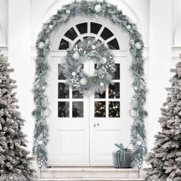 Valery Madelyn 9 feet Pre-Lit Christmas Garland with Lights for Mantle, Lighted Battery Operated Xmas Garland with Royal Silver White Balls for Front Door Fireplace Table Centerpiece Outdoor Decor