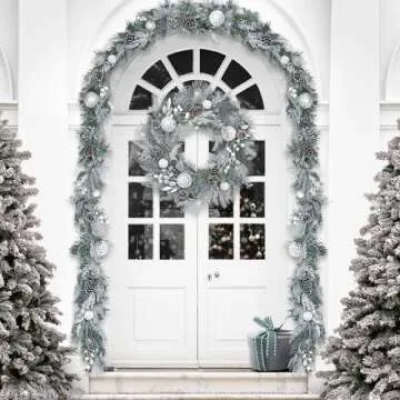 Valery Madelyn 9 feet Pre-Lit Christmas Garland with Lights for Mantle, Lighted Battery Operated Xmas Garland with Royal Silver White Balls for Front Door Fireplace Table Centerpiece Outdoor Decor