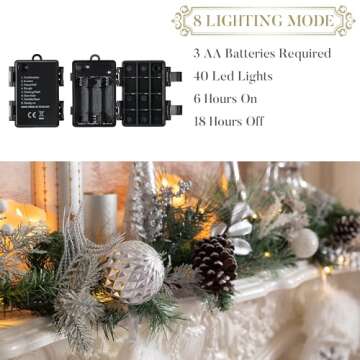 Valery Madelyn 9 feet Pre-Lit Christmas Garland with Lights for Mantle, Lighted Battery Operated Xmas Garland with Royal Silver White Balls for Front Door Fireplace Table Centerpiece Outdoor Decor