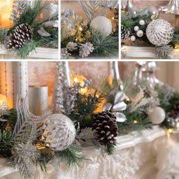 Valery Madelyn 9 feet Pre-Lit Christmas Garland with Lights for Mantle, Lighted Battery Operated Xmas Garland with Royal Silver White Balls for Front Door Fireplace Table Centerpiece Outdoor Decor