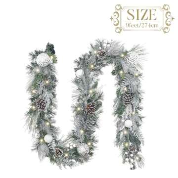 Valery Madelyn 9 feet Pre-Lit Christmas Garland with Lights for Mantle, Lighted Battery Operated Xmas Garland with Royal Silver White Balls for Front Door Fireplace Table Centerpiece Outdoor Decor