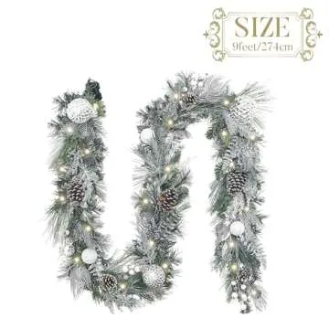 Valery Madelyn 9 feet Pre-Lit Christmas Garland with Lights for Mantle, Lighted Battery Operated Xmas Garland with Royal Silver White Balls for Front Door Fireplace Table Centerpiece Outdoor Decor