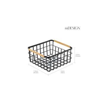 mDesign Metal Wire Storage Organizer Basket with Bamboo Wood Handles for Kitchen Pantry, Rustic Farmhouse Bin to Store Fruit, Coffee, Spices, Supplies, Yami Collection, 8 Pack, Matte Black/Natural/Tan