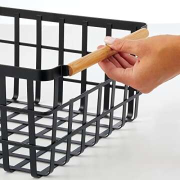 mDesign Metal Wire Storage Organizer Basket with Bamboo Wood Handles for Kitchen Pantry, Rustic Farmhouse Bin to Store Fruit, Coffee, Spices, Supplies, Yami Collection, 8 Pack, Matte Black/Natural/Tan