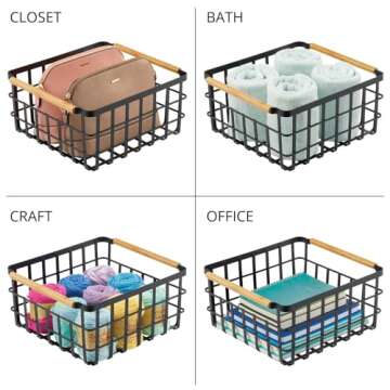 mDesign Metal Wire Storage Organizer Basket with Bamboo Wood Handles for Kitchen Pantry, Rustic Farmhouse Bin to Store Fruit, Coffee, Spices, Supplies, Yami Collection, 8 Pack, Matte Black/Natural/Tan