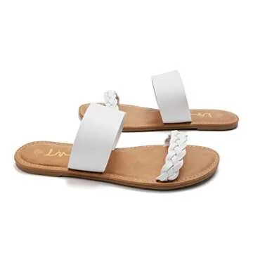 LM Women's Braided Slide Sandals Open Toe Two Strap Slip On Flat Sandals Casual Summer Shoes (8, White)