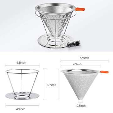 E-PRANCE Pour Over Coffee Dripper, Stainless Steel Coffee Filter Reusable Pour Over Coffee Filter Cone Coffee Dripper with Removable Cup Stand and Bonus Brush