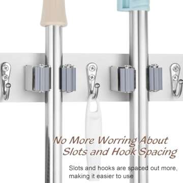 OUTNILI White Mop Broom Holder Wall Mount with 4 Slots & 4 Hooks - Wood Broom Mop Hanger for Pantry Closet Laundry Room Organization - Heavy Duty Garden Tool Organizer - White Kitchen Decor