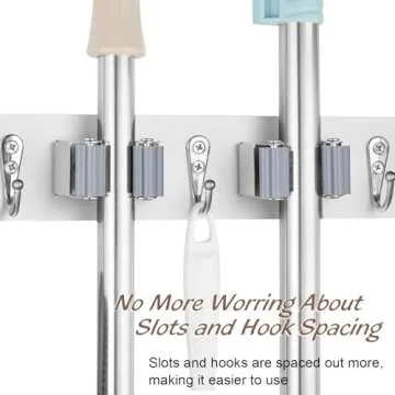 OUTNILI White Mop Broom Holder Wall Mount with 4 Slots & 4 Hooks - Wood Broom Mop Hanger for Pantry Closet Laundry Room Organization - Heavy Duty Garden Tool Organizer - White Kitchen Decor