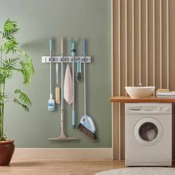 OUTNILI White Mop Broom Holder Wall Mount with 4 Slots & 4 Hooks - Wood Broom Mop Hanger for Pantry Closet Laundry Room Organization - Heavy Duty Garden Tool Organizer - White Kitchen Decor