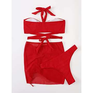 Milumia Women's 3 Piece Halter Swimsuits Solid Lace Up Bikini Set with Drawstring Mesh Cover Up Skirt Red