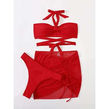 Milumia Women's 3 Piece Halter Swimsuits Solid Lace Up Bikini Set with Drawstring Mesh Cover Up Skirt Red